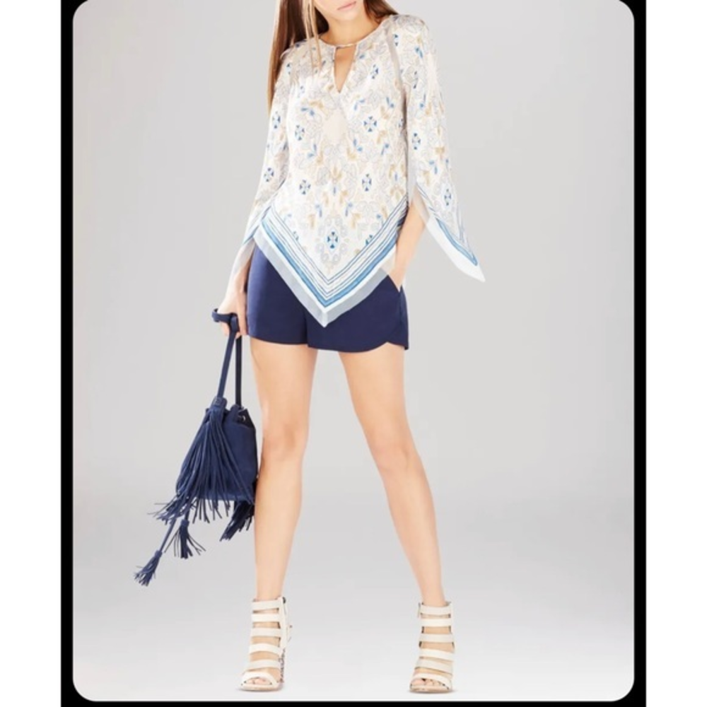 BCBGMaxazria Elyza Print-Blocked  3/4 Sleeve Scarf Top Sz XXS‎